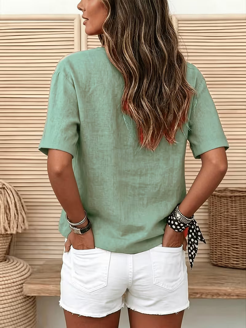 Sage Green Casual V-Neck Button-Up Blouse