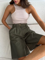 Olive High-Waisted Pleated Bermuda Shorts