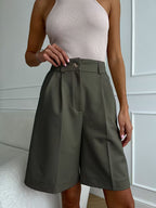 Olive High-Waisted Pleated Bermuda Shorts