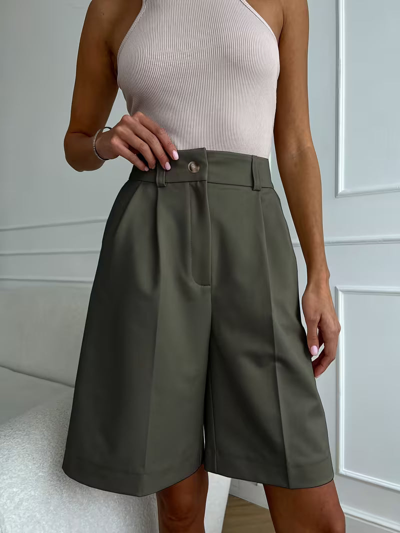 Olive High-Waisted Pleated Bermuda Shorts
