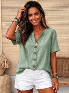 Sage Green Casual V-Neck Button-Up Blouse