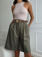 Olive High-Waisted Pleated Bermuda Shorts