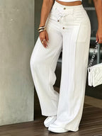 White High-Waisted Wide-Leg Drawstring Pants