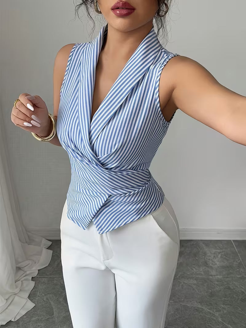 Blue & White Striped Sleeveless Wrap Blouse
