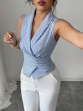 Blue & White Striped Sleeveless Wrap Blouse