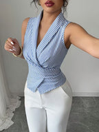 Blue & White Striped Sleeveless Wrap Blouse