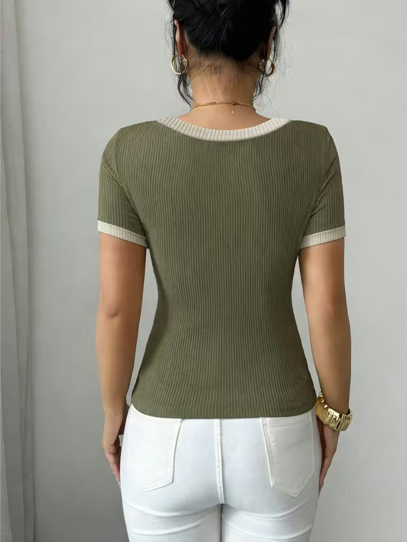 Olive Green Ribbed Contrast-Trim Fitted Tee