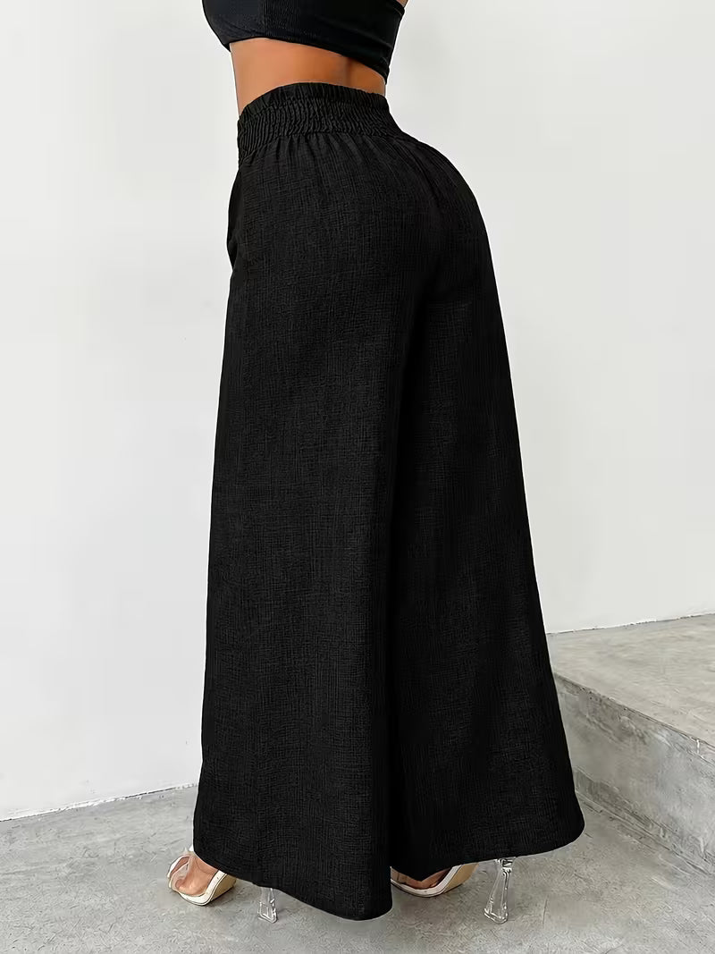 Black Chain-Accent High-Waisted Wide-Leg Pants