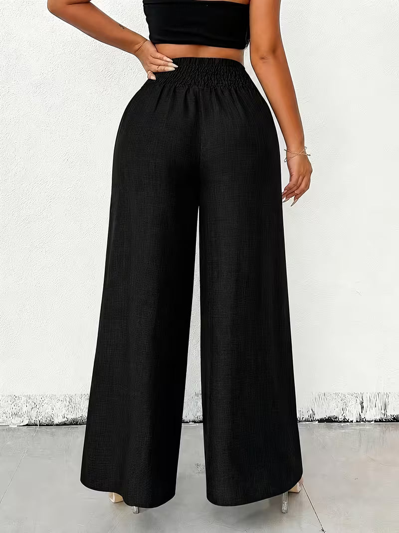 Black Chain-Accent High-Waisted Wide-Leg Pants