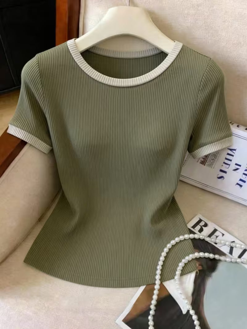 Olive Green Ribbed Contrast-Trim Fitted Tee