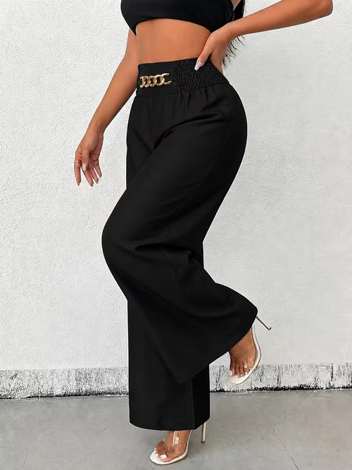 Black Chain-Accent High-Waisted Wide-Leg Pants