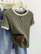 Olive Green Ribbed Contrast-Trim Fitted Tee