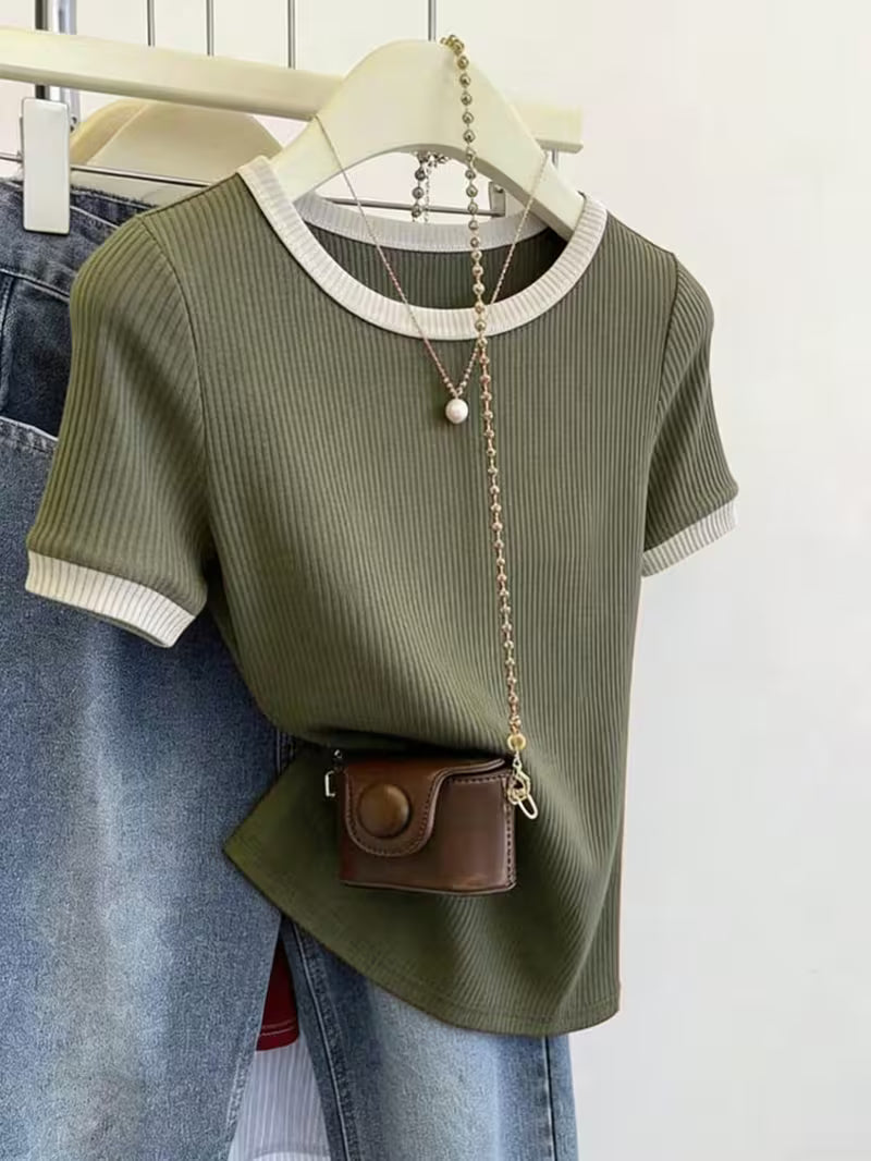 Olive Green Ribbed Contrast-Trim Fitted Tee