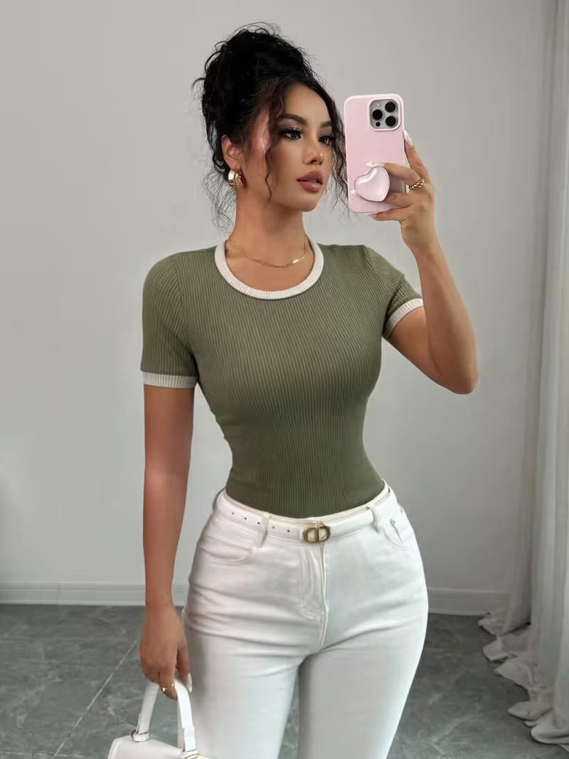 Olive Green Ribbed Contrast-Trim Fitted Tee