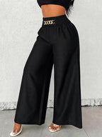 Black Chain-Accent High-Waisted Wide-Leg Pants