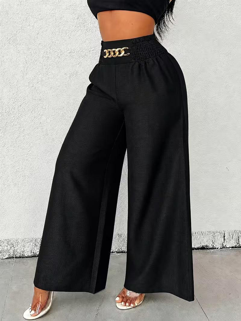 Black Chain-Accent High-Waisted Wide-Leg Pants