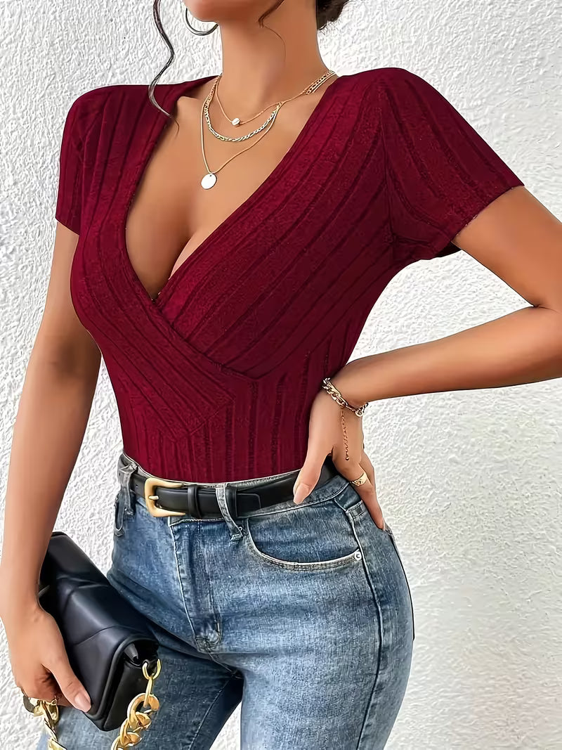 Burgundy Ribbed Short-Sleeve Wrap Top