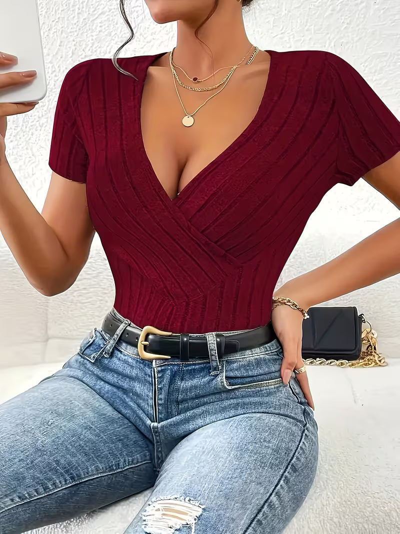 Burgundy Ribbed Short-Sleeve Wrap Top