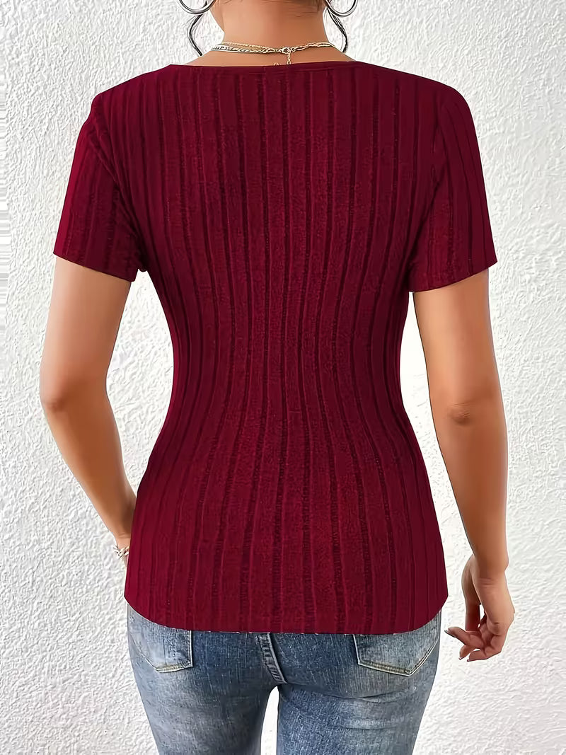 Burgundy Ribbed Short-Sleeve Wrap Top