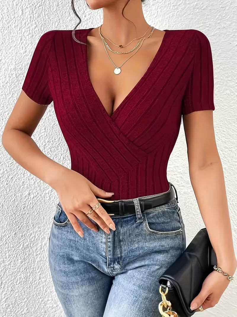 Burgundy Ribbed Short-Sleeve Wrap Top